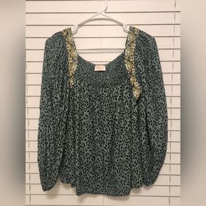 Hailey & Co. Elegant Green Leopard Print Women's Top With Embroidery Size S